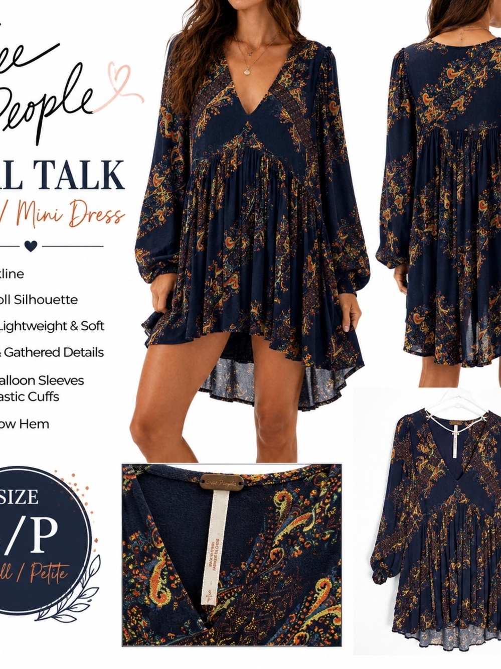 Free People Navy Paisley V-Neck Mini Dress with Gold and Rust Accents